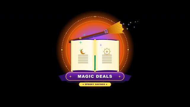 Flat design Halloween witch broom and spellbook animation with magic sparkles and clean transparent background
