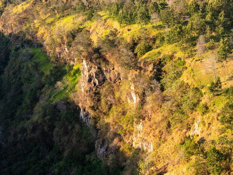 Aerial view of a steep rocky cliffside covered in lush trees and vegetation illuminated by warm golden hour sunlight in Kemalang, Central Java, Indonesia.