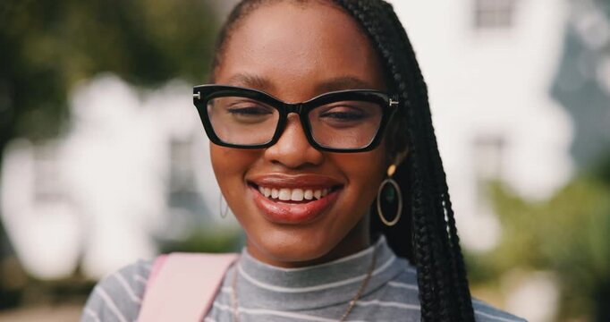Happy, glasses and face of woman at college for study opportunity, learning and education. University, portrait and African person for development, knowledge and backpack for scholarship on campus