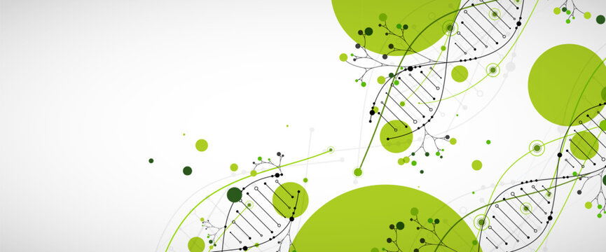 Abstract green DNA helix with digital data dots and clean background. Vector illustration