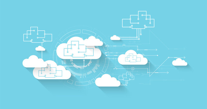 Cloud computing and data storage network concept with abstract circuit diagrams. Vector illustration