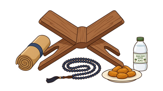 Islamic Ramadan items, wooden Quran rehal stand, prayer mat with tasbih beads, dates and zamzam water bottle for eid celebration
