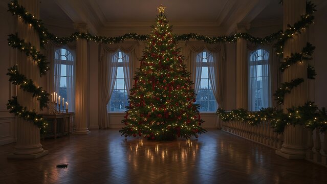 Grand illuminated Christmas tree standing in a luxurious classical hall decorated with festive garlands, created with generative ai.
