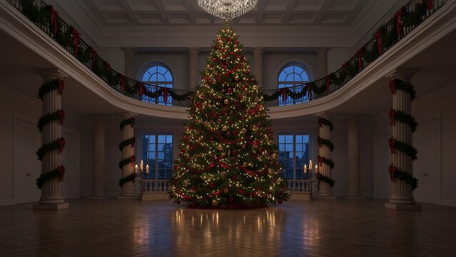 Grand illuminated Christmas tree standing in a luxurious classical hall decorated with festive garlands, created with generative ai.
