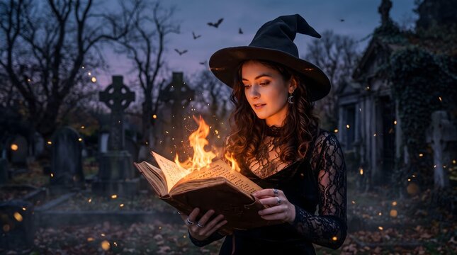 Young witch reading a magical burning spellbook in a dark cemetery at twilight