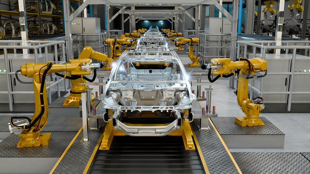 3D Illustration of Robotic Arms Welding Car Body Frames on Automated Automotive Assembly Line in Factory