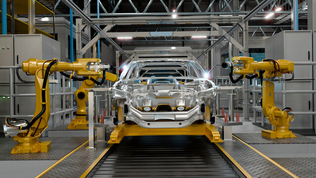 3D Illustration of Robotic Arms Assembling Car Body Frames on Automotive Factory Production Line