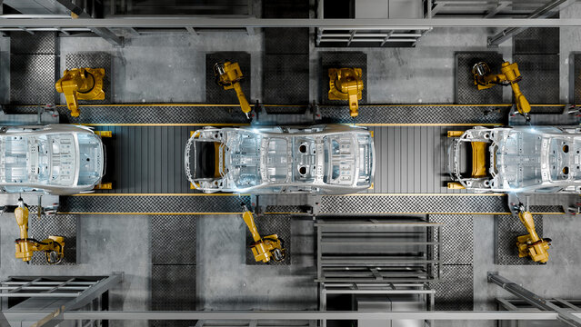 3D Illustration Aerial View of Robotic Arms Assembling Car Body Frames on Automotive Production Line