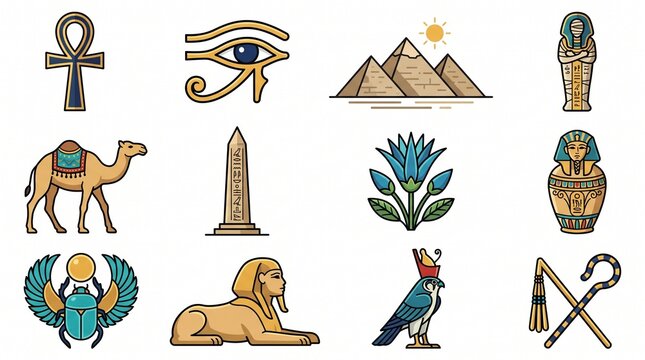 Ancient Egyptian symbol icon set featuring ankh, mummy, camel, eye, obelisk, urn, lotus, pyramid illustrations.