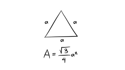 Hand drawn equilateral triangle geometric diagram with side length a and area calculation formula on white background © yoursturlyging