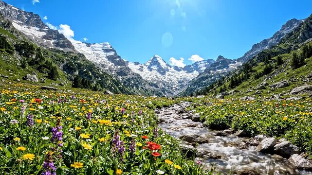 Vibrant Alpine Meadow with Wildflowers, Snow-Capped Mountains, and a Babbling Brook Under a Blue Sky