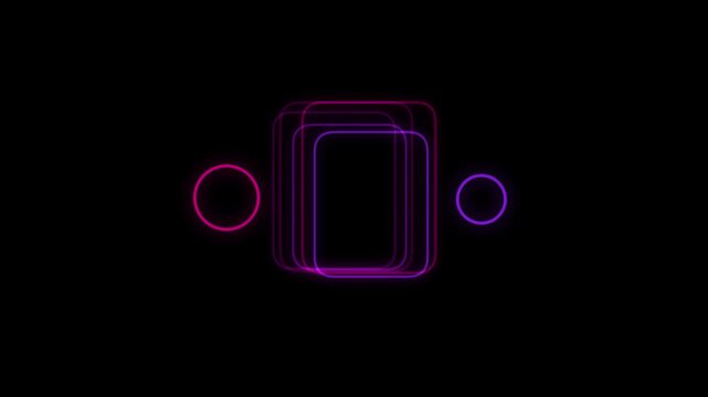Neon glowing abstract geometric shapes animation, pulsing purple and pink circles and rectangles motion background