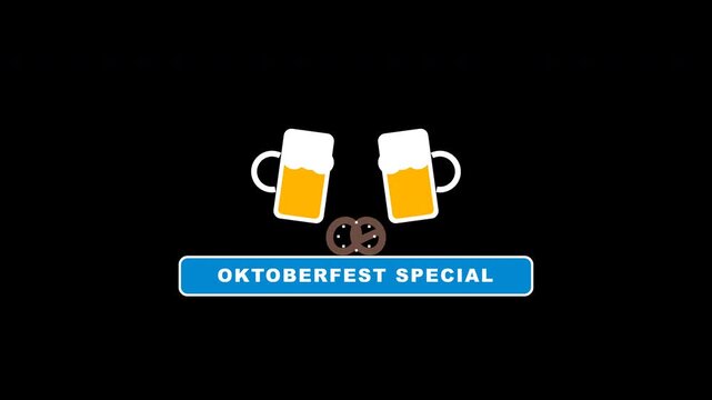 Flat animated Oktoberfest beer stein badge two glasses clinking together, amber gold liquid, white foam head, and festive celebration ribbons
