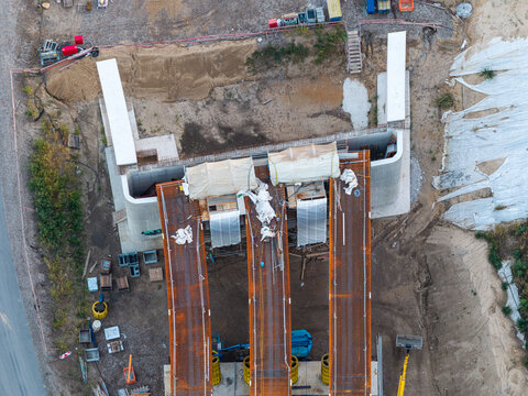 Aerial view of the Ringbahnbrucke bridge construction site at the Funkturm interchange with steel girders and concrete abutments in Berlin, Berlin, Germany.