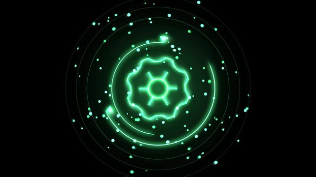 Neon green hud gear interface with rotating circular data scans and floating particles, futuristic digital technology motion background