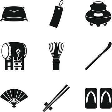 Collection of Japanese cultural icons in silhouette, including zabuton cushion, tanzaku paper, tea ceremony brazier, odaiko drum, whisk, chopstick, fan, and sandals, presented in a 2x2 grid for easy