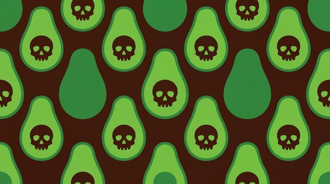 Spooky avocado with skull pit seamless pattern vector background.
