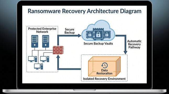 Ransomware recovery architecture diagram displayed on a laptop screen showing secure network data restoration with data backup it security information technology data protection enterprise securit