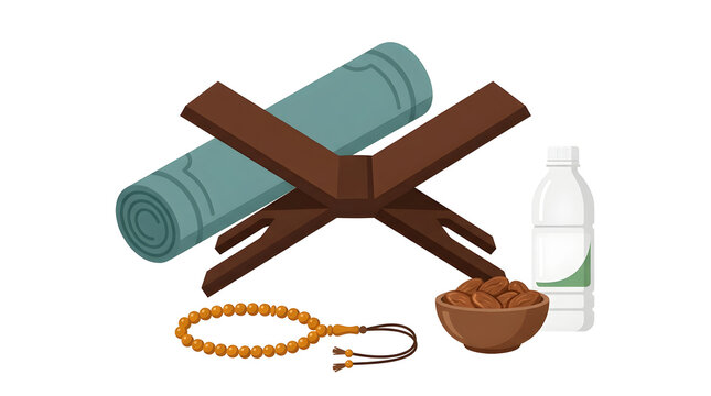 Islamic prayer elements set, wooden quran book stand rihal, prayer mat with tasbih beads, ramadan kareem equipment illustration