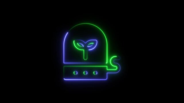 Neon glowing bell icon with a leaf symbol representing nature and eco friendly alarm system design isolated on black background