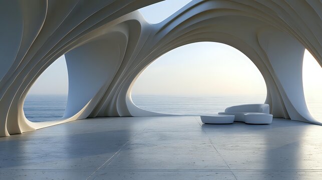 Organic architectural shell inspired by flowing plaster geometry illuminated through soft morning daylight creating timeless luxury commercial background with crisp realism