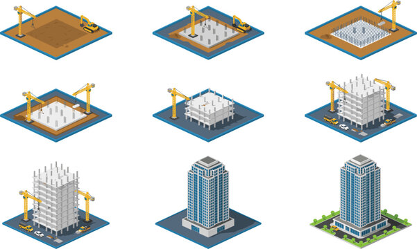 Isometric building construction process vector set, stages from foundation to skyscraper with crane and equipment illustration