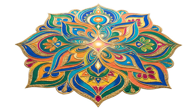 Intricate colorful rangoli pattern design on white background