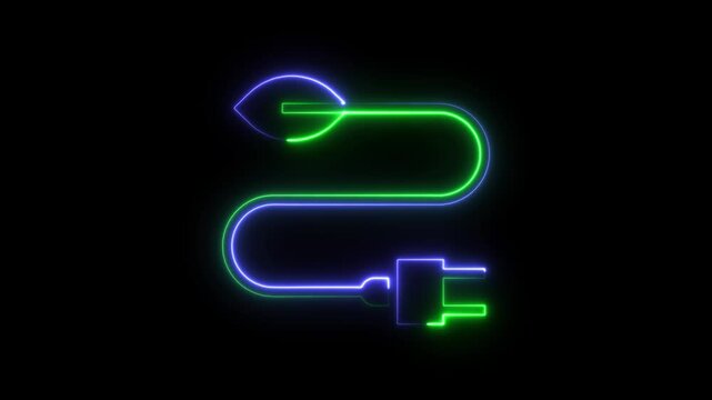 Neon green and blue glowing electric plug with a leaf symbol representing clean sustainable energy