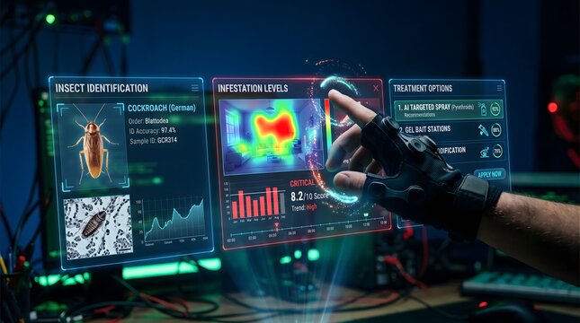 Futuristic pest control interface with insect identification and infestation level heatmap shows ai targeted treatment options for professional exterminators.