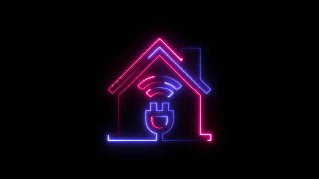 Neon glowing house icon with electric power plug and wifi symbol representing smart home energy and connectivity