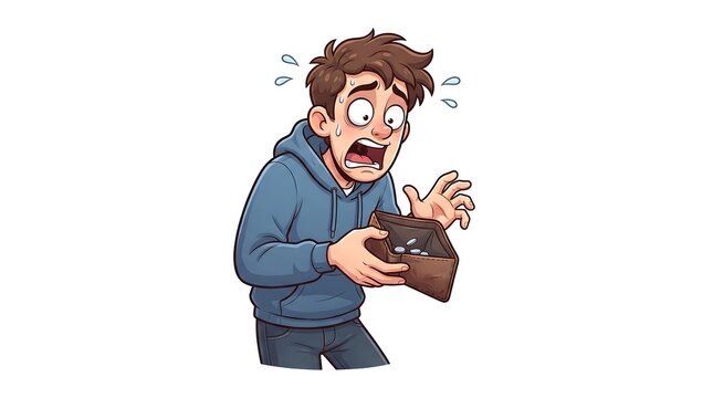 Stressed young man looking at his empty wallet with no money and feeling very worried isolated on white background