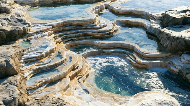 Natural calcite deposits gradually forming elegant layered terraces around flowing spring water illuminated through balanced daylight premium geological growth visualization