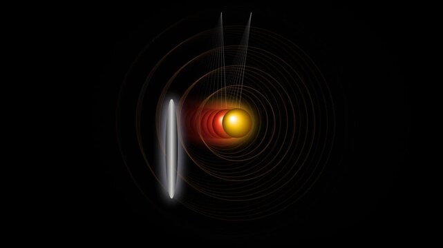 Abstract pendulum collision with glowing spheres and concentric wave patterns