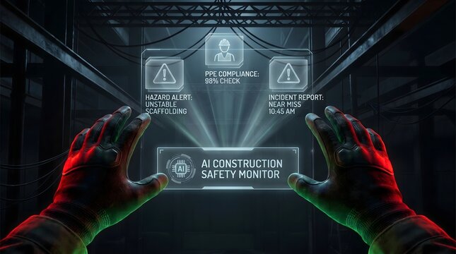 Construction worker perspective using artificial intelligence safety monitor to detect hazards and check personal protective equipment compliance on building site.