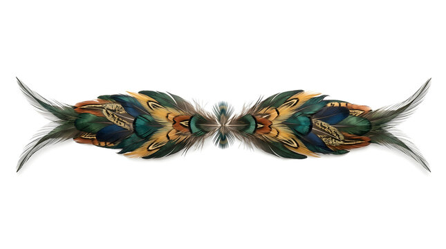 Peacock Feather border isolated on white background, intricate iridescent peacock and pheasant feather arrangement for decorative banner design, elegant natural plumage vignette with vibrant