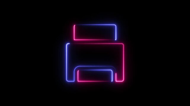 Neon printer icon with glowing blue and pink lines on a dark background