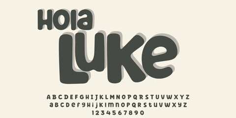 Hola Luke is a cute dark grey playful handwritten vector font. Fully editable vector text with uppercase, lowercase, and numbers. Ideal for stickers, kids apparel, and logos. © Tanaka Kenny