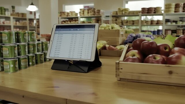 Digital tablet point of sale system on wooden counter in local grocery store with fresh fruit and inventory display