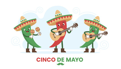 Fototapeta premium Funny cartoon chili peppers wearing Mexican sombreros play acoustic guitars and maracas to celebrate Cinco de Mayo holiday.