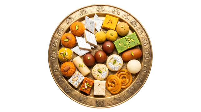 Assorted Indian sweet plate top view on white background