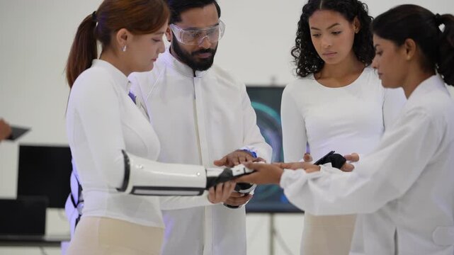 Bearded engineer in safety goggles hands a bionic robotic hand to colleagues as a woman in a white exoskeleton arm looks on, during a collaborative session, a robotics startup teamwork scene