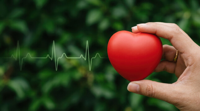 Red heart hand heartbeat heart rate health care healthy lifestyle medical cardiology pulse wellness red heart held hand with heartbeat line green nature background, symbol of health care