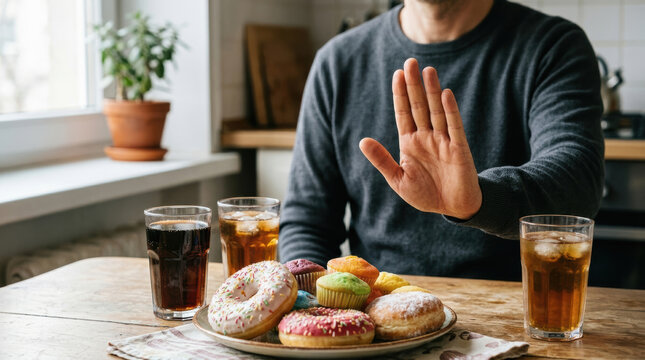 Man refusal junk food doughnut cupcake soda unhealthy sugar diet choice adult man refusing colorful doughnut and cupcake with soda drink home kitchen table, unhealthy sugar snack temptation