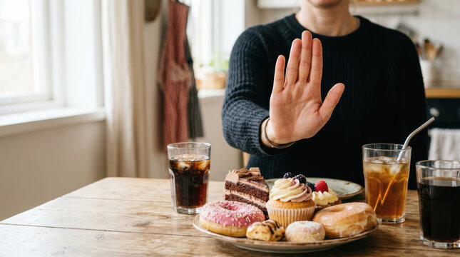 Unhealthy food diet refusal sugar dessert woman hand rejection sweet choice table drink cake donut cupcake pastry snack beverage lifestyle calorie health temptation decision indoor wooden