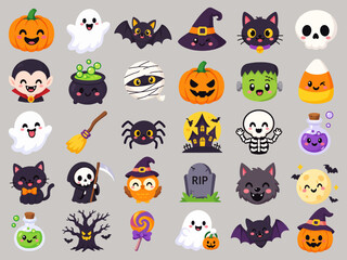 Obraz premium Cute Halloween Character and Icon Set with Pumpkin, Ghost, Bat, Witch and Cat Vector Illustration. perfect for Halloween stickers, greeting cards, invitations, posters, social media graphics