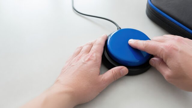 Assistive technology lending hands checking a large-button switch before checkout