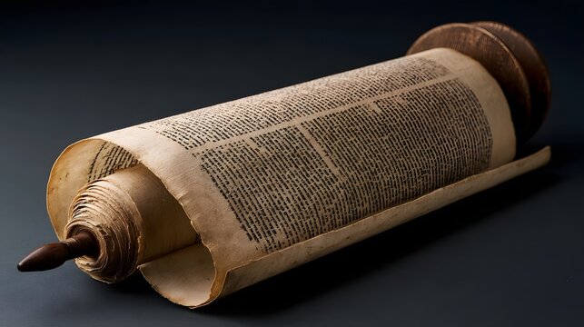 An ancient Torah scroll with Hebrew text  rolled on wooden poles  displayed against a dark background with soft lighting