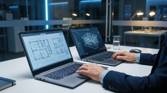 Architect working on building blueprints using two laptops in a modern office