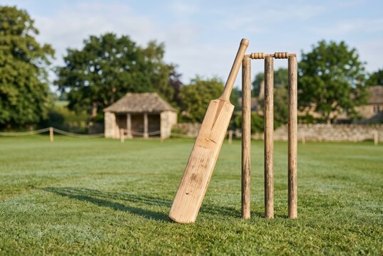 A classic wooden cricket bat leans against wickets with bails on a sunny green grass pitch in an idyllic English countryside village setting with a pavilion.