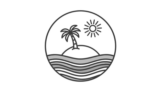 Line art logo of a tropical island with palm tree sun and sea waves isolated on white background vector design.